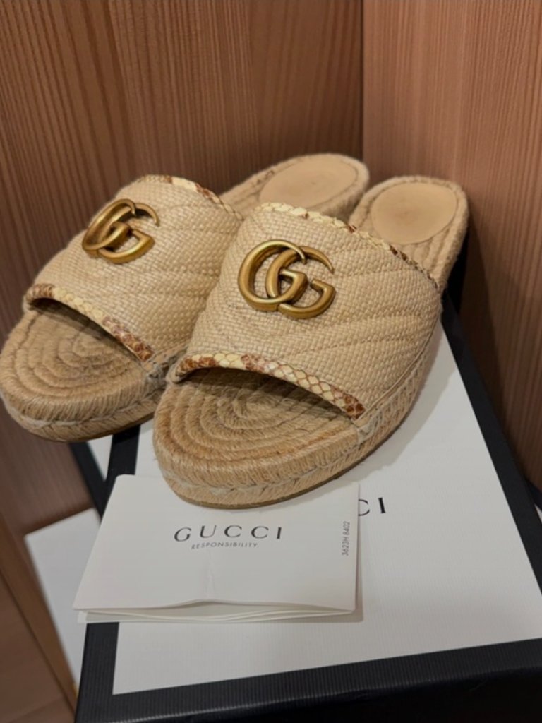 Gucci Gg Marmont Raffia Espadrille Slides Sandals Natural Straw 38